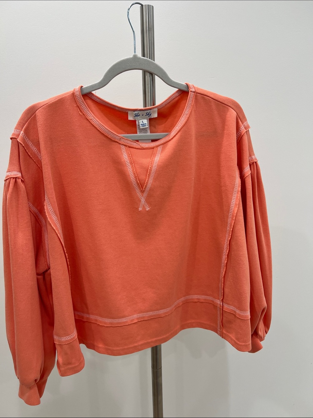 Coral Puff-Sleeve Crop Sweatshirt Top